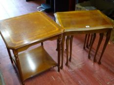 Set of three yew wood side tables and a similar two tier side table