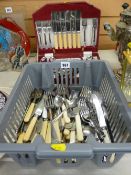 Cased set and a plastic crate of loose cutlery with two EPNS eggcups