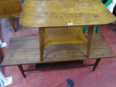 Long teak coffee table with under tier shelf and a two tier side table, both mid Century