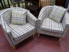Pair of ultra modern tub armchairs in Burberry style upholstery