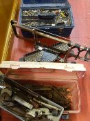 Two plastic toolboxes and contents of tools and fixings and a GS mitre saw