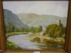 J MILNER oil on board - river scene with church in the background, signed, 24 x 29 cms
