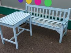Blue painted wooden garden bench and matching table