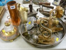 Victorian brass and copper inkwell, three flat irons and other various metalware