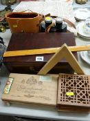 Three lidded wooden boxes, a pair of 8x40 binoculars and a vintage bed cover