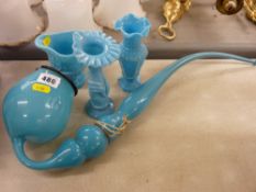 Victorian blue opaline glass pipe, two vases and a jug