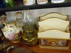 Victorian wash jug, brass paraffin lamp and a modern letter rack with lower drawer