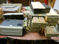 Sawyer's slide projector, an eight drawer picture slide storage chest etc