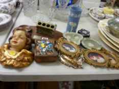 Quantity of Wedgwood Jasperware ornaments, framed miniature prints, presentation model of an