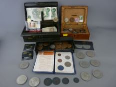Collection of British and overseas coinage in an oak box and a japanned tin cash box along with