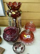 Victorian ruby glass lustre, two cranberry glass bowls with covers, an art glass vase and a small