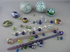 Two pottery carpet bowls, two colourful swirl glass stirrers with others, a collection of small