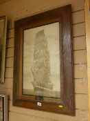 Antique print in an oak frame of a fourmaster ship, entitled 'Macquarie', 56 x 36 cms