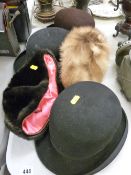 Three vintage bowler hats and two lady's fur hats