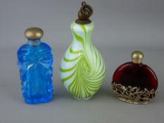 Three coloured glass scent bottles