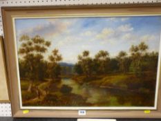 G THOMPSON early oil on canvas - river scene, signed, 39 x 60 cms