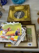 Two framed silkwork pictures, small selection of postcards, gilt picture frame etc