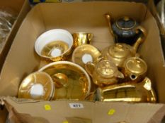Box of Worcester gilt decorated tableware etc