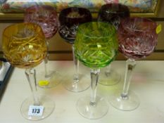 Set of six colourful and cut hock glasses