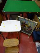 Foldover baize top trolley, firescreen and a two tread stepstool