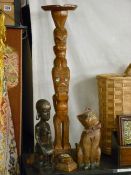 Maori type figural smoker's stand, a tribal carving of a woman and a modern cat
