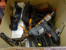 Box containing Black & Decker drill and saw, Draper plane, inspection lamp etc E/T
