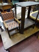 Walnut topped rectangular Long John coffee table, two tier oak side table and a string topped