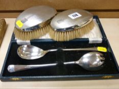 Pair of silver gent's dressing table brushes and a cased pair of EPNS servers