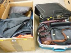 Box and a small vintage suitcase of lady's bags etc