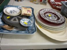 Two Venetian glass ruby red plates, quantity of pottery tableware etc