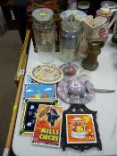 Selection of storage tins and jars, a quantity of decorative modern tiles and hat ornaments etc