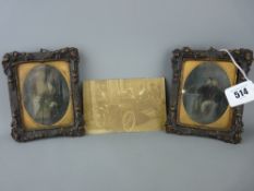 Pair of framed daguerreotype portraits and an old postcard of a vintage motor vehicle