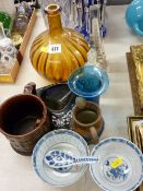 Treacle glazed frog mug, vintage obelisk thermometer with other glassware and pottery