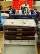Wooden toolbox/chest containing vintage tools and fixings and a modern plastic step/toolbox with