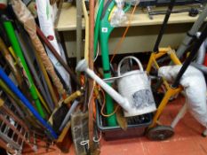 Large parcel of long handled garden tools, sack trolley, NuTool strimmer and tub of plastic garden