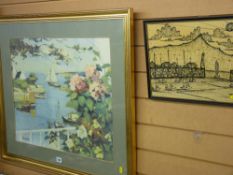 R WINTZ colourful framed print - coastal quay with inlet and boats at sail with an original pen