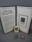 Penny Black postage stamp, red Maltese Cross cancellation in presentation folder, a blue two