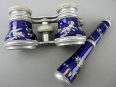 Set of aluminium and enamel decorated opera glasses, the mother of pearl tops marked 'O H Meder