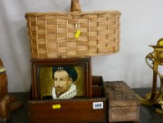 Ceramic tile showing a gentleman in period clothing, an oak letter rack, a carved wooden box and a