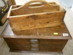 Desktop set of three drawers and a vintage pine cutlery box