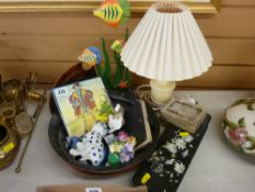 Victorian papier mache glove box, a burr walnut letter rack, a painted tinglaze style tile etc