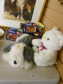 Collection of boxed diecast vehicles and two soft toys