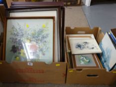 Quantity of framed pictures and prints in two boxes