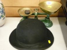 Vintage bowler hat and a set of Salters kitchen scales