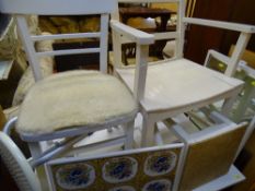 Painted armchair and one other, a cork topped stool and one other, a tiled top side table and a