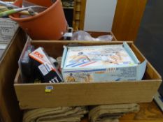 Parcel of three drawers containing various garage items, a red bucket, hand tools and parcel of