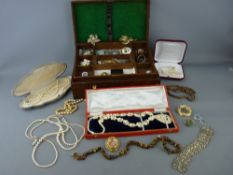 Quantity of vintage and other costume jewellery and buttons in a vintage oak box and various