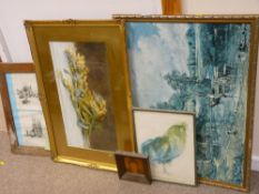 Gilt framed study - still life, flowers with a mixed quantity of other pictures and prints