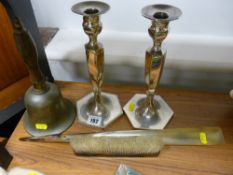 Pair of EP candlesticks, vintage hand bell etc