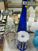 Cameo glass candlestick lustre, an EP mounted celery jar, large twist Bristol blue type bottle